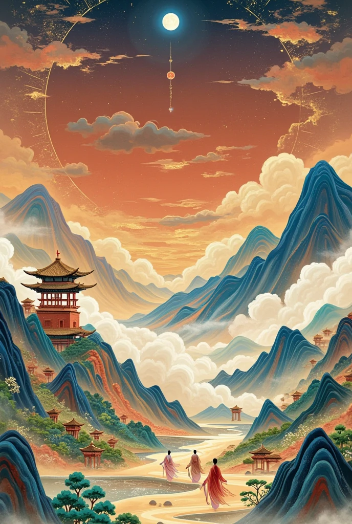   a beautiful art illustration , Dream Painting, ,  intricate fantasy painting , Wonderful fantasy landscape art , Chinese style illustrations，Silk Road，antiquity，Crescent Moon