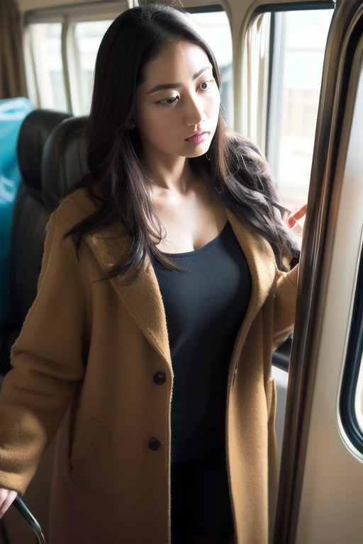 (8k, RAW photo, best quality, masterpiece:1.2), (realistic, photo-realistic:1.37), It is a quiet afternoon, a deserted train car. The train car is almost empty, and the cold light inside creates a sense of tranquility as the scenery outside flows by in a blur. Saaya is dressed in a black enamel bonnet and a long light brown coat, which is wide open, revealing the shine of the bonnet. The coat fits her perfectly, swaying with her every movement, making her figure stand out in the empty car. Her long black hair sways lightly with the swaying of the train, her presence standing out in contrast to the quietness of the car. Saaya stands, gazing at us with a seductive expression, casting a vivid gaze against the stillness of the space.