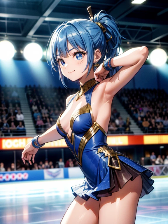 (masterpiece,  super detailed,  best quality,  clear focus , dramatic scene), ( ultra high resolution, 8k), perfect anatomy,  perfect face, ( detailed face ,  detailed eyes on board), 20 year old Japanese idol,  Professional Figure Skater  , ( Figure Skating Competition 、 Wear a costume with intricate and adorable colored decorations that fit the body:1.2), ( Big Breasts :1),  Slim Waist , ( blue hair), ( Very Beautiful, Cute, and Cool Face :1.1), (Bad boy:1.2),  Cool Girl Vibe , ( eyeliner :1.4), ( Performance at the Skating Rink  :1.3), ( Spotlight, Strong light:1.3),  dynamic angle , ( Dynamic Poses ), slender, smile