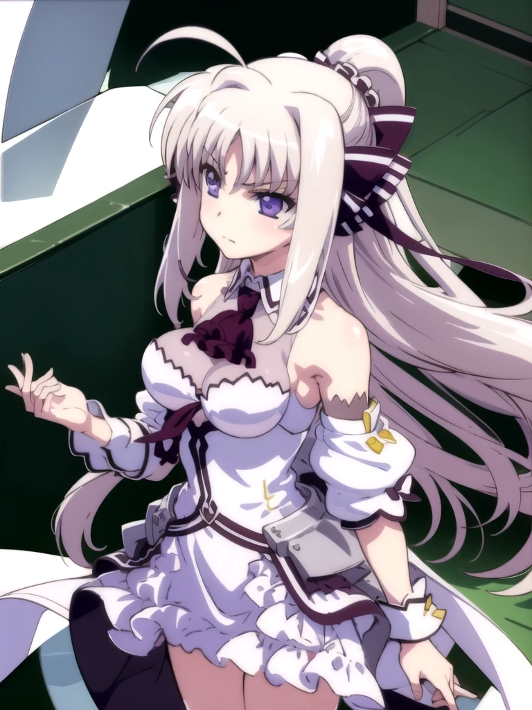 indoor, arena,
rinne_bj, 1girl, long hair, looking at viewer, breasts, purple eyes, upper body, ascot, detached sleeves, frown, ahoge, v-shaped eyebrows, bare shoulders, medium breasts, ribbon, hair ribbon, very long hair, closed mouth, ponytail, bangs, hair between eyes, 
