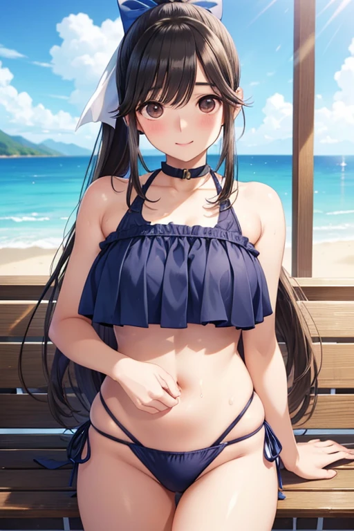 nsfw、BREAK Perfect Anatomy、Highest quality、(cute:1.1)、(cute)、(High resolution:1.2)、Unbelievably absurd:1.3、Incredible illustrations、(cuteイラスト:1.2)、（Beautiful background、Poolside）(1 girl) 、solo)、(10th Generation、JK、Loli face、Small breasts:1.2)、slender、、、、Eye highlights、embarrassed、Black Hair, Long Hair, Cute Hips, Straw hat、Striped swimsuit、Sandals), finger to mouth、(skirt lift,upskirt,from behind),cum in pussy、(tooth:0.6)、Cheeky 、Eye highlights、A confident smile、(Rear insertion position, Sex preparation:1.2),Appealing pussy,  (Turn around and put your hands on the wall), Inside the pussy, Vagina、Bend、