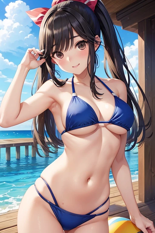 Takane Manaka、  shiny brown long hair、 ribbon ponytail、 beautiful brown eyes 、smile、Sparkling Eyes, (fine grain)、 very detailed eyes、 very detailed face in light blue underwear,  very detailed eyes, masterpiece,  best quality,  high definition , ( best quality,masterpiece:1.2),Alone,Alone、 Cowboy Shot 、nsfw、 


A girl in a yellow bikini is standing on a wooden deck，sweat，gorgeous Bikini Model, Bikini Model， wearing a swimsuit , ,  amazing beauty ，Swimsuit model, , Amazing beauty， have a beach ball，