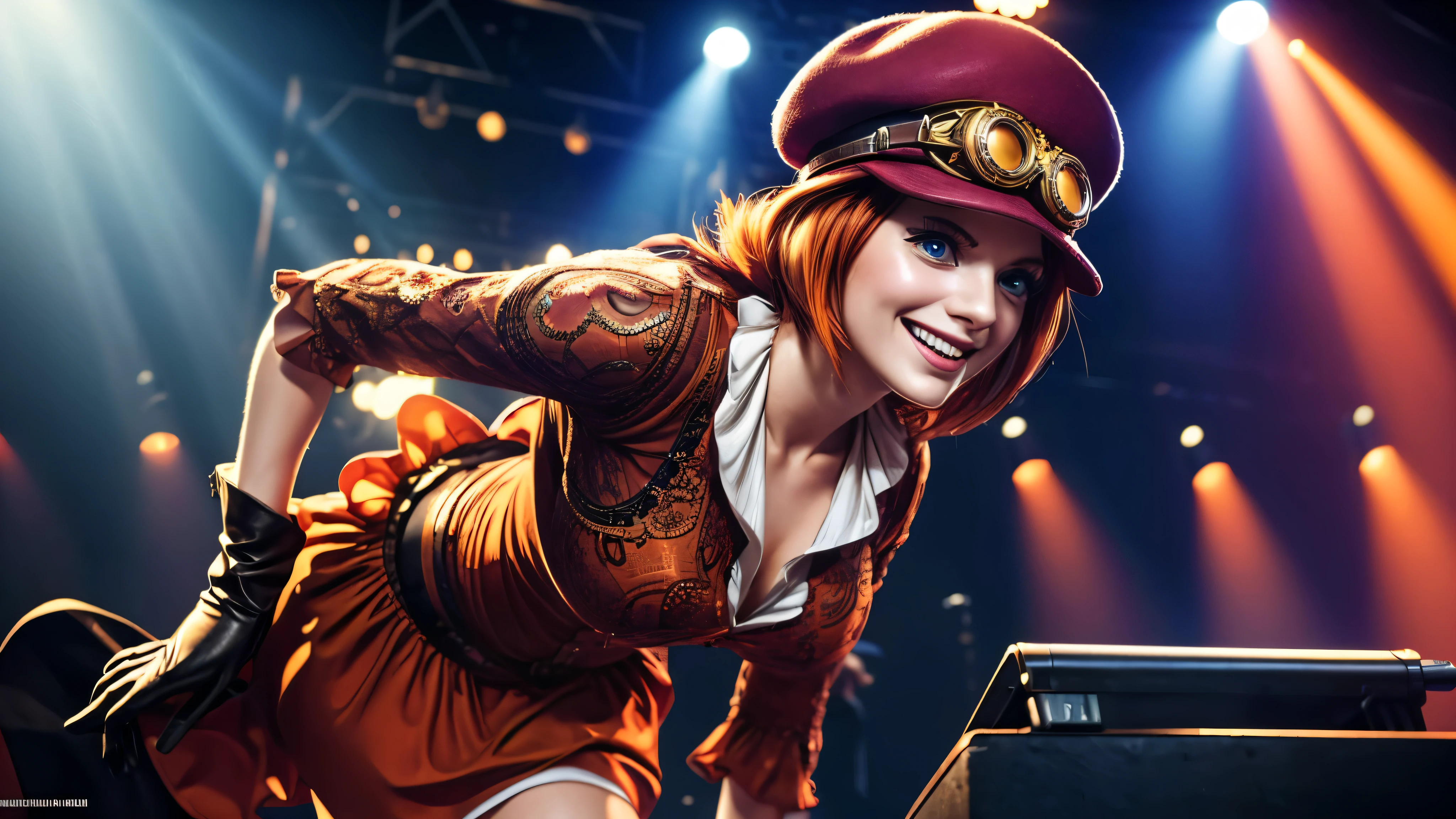 masterpiece, best quality, extremely detailed, hyperrealistic:1.1, photorealistic, a beautiful 20s european model, ultra detailed face:1.1, dark red cabbie hat, goggles on hat:1.1, orange hair, short hair, blue eyes, smile, gloves, pink dress, smiling, on live stage, stage lighting, dancing, strenuous movements, from below, dynamic angle
