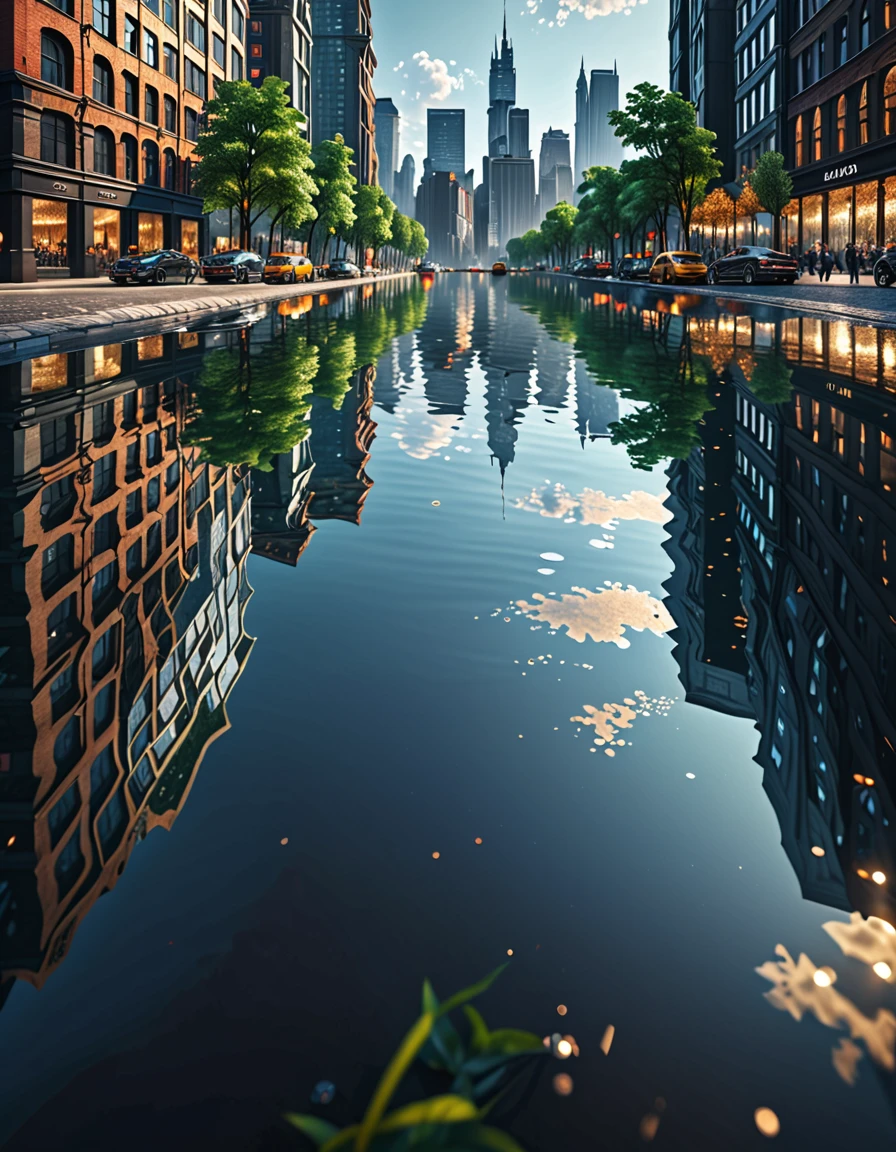 (The city reflected on the surface of the water), masterpiece:1.5, masterpiece, highest quality, UHD, retina, masterpiece, accurate anatomy, textured skin, super detailed, high quality, best quality,  highres icon, 8k