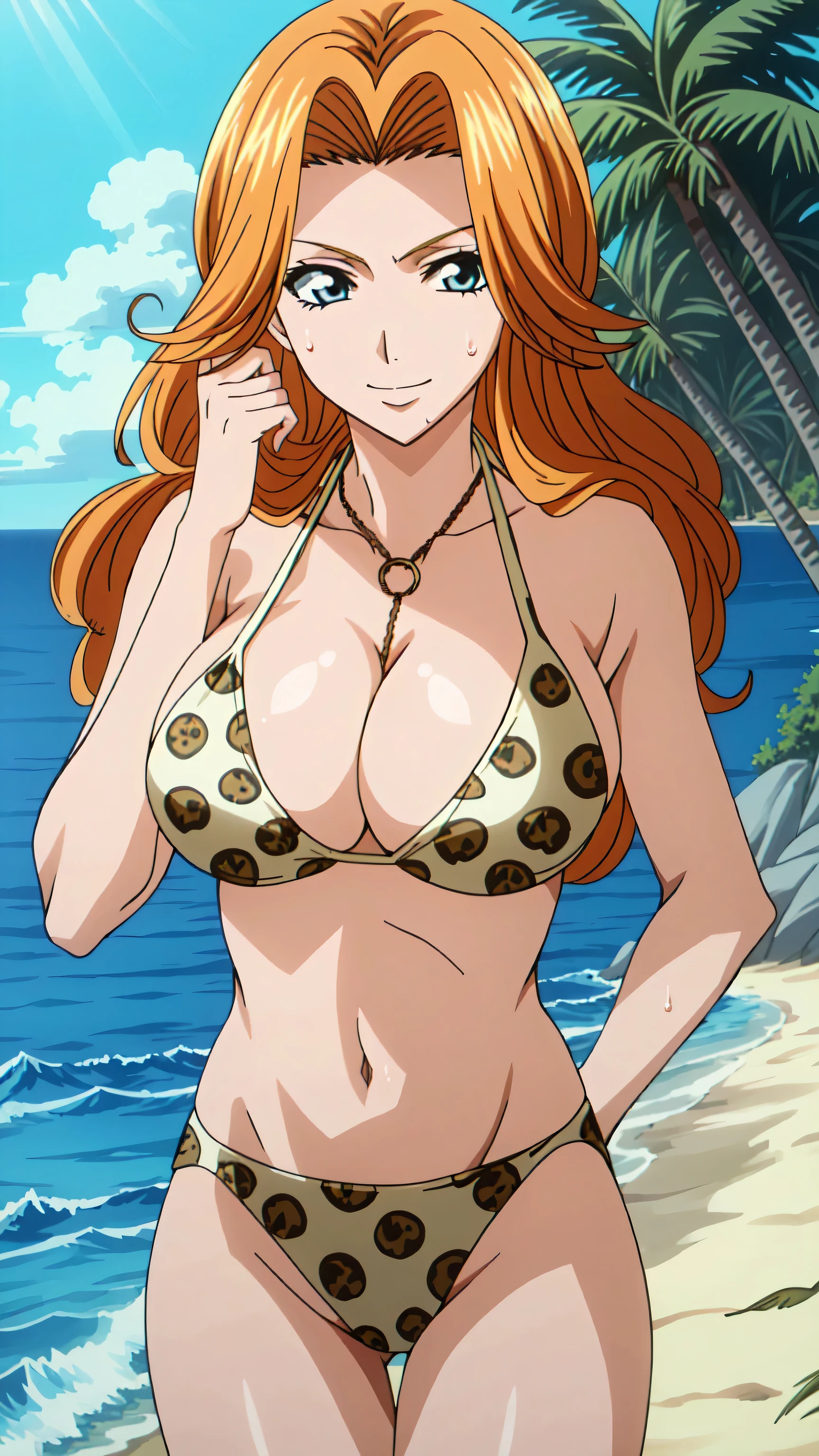 (  surrenders ,32K, masterpiece:1.2)、( high resolution skin:1.1)、(  High Quality :1.1)、rangiku Matsumoto、Matsumoto Rangiku、1woman、breast、Alone、Blonde、 long hair、 orange hair 、 is watching viewers、 Cowboy Shot 、Female focus、bikini top with an leopard print、in a trianglebikini、bikini bottom with an leopard print、 standing、smile、(Ambient lighting:1.1)、( soft shading :1.1)、VERY TALL WOMAN 、 stares at the viewer 、Blue Theme、 blue background、Cloudy、sunlight、sweat、Orgasmic、 bikini swimsuit、Big Breasts、cleavage、 very large breasts、midriff、navel、collarbone、Thighs、Ocean and Beach、