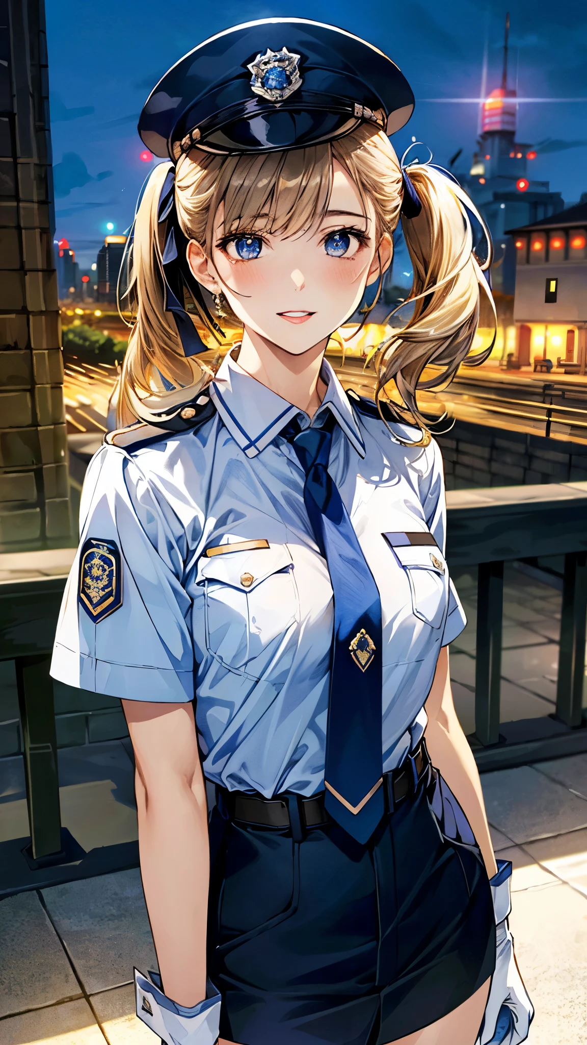 Anime girl in uniform posing for a picture in front of a city - SeaArt AI