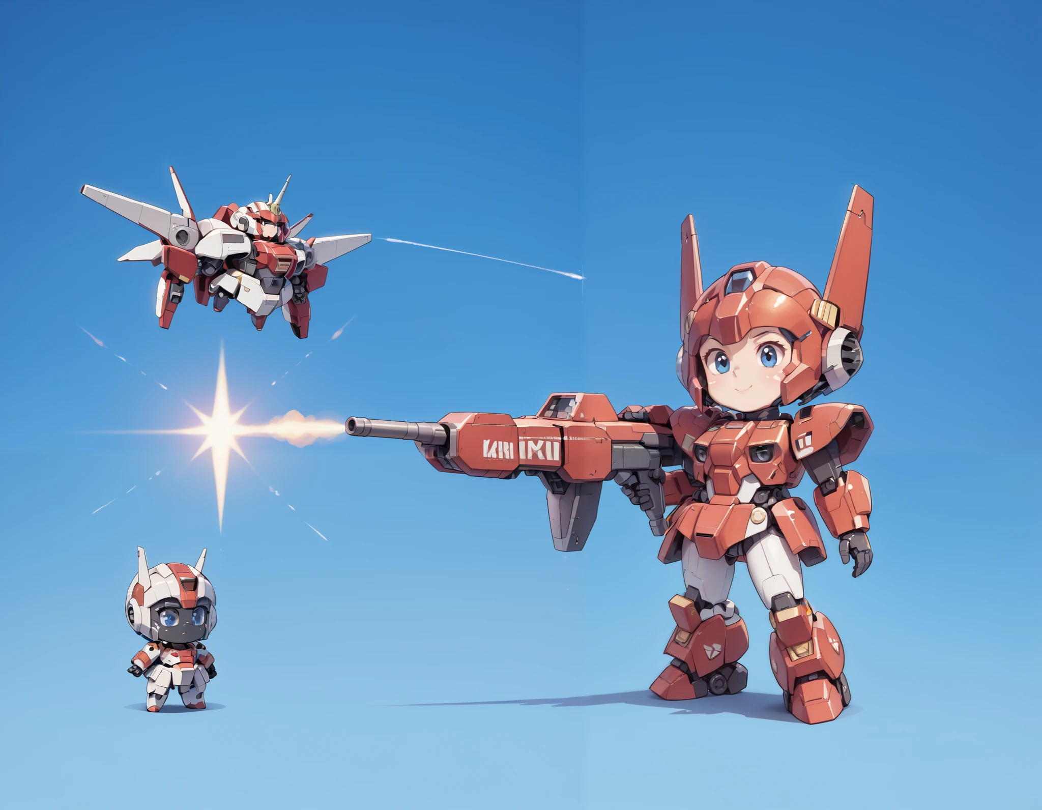 ((masterpiece)), accurate, textured skin, ((super detail)), high quality, high details, highres, best quality, chibi, Gundam, robots, deformed characters, space, star wars, Metallic red armor, Beam rifle, Heavy Armor, girl, shooting stars, mecha_musume