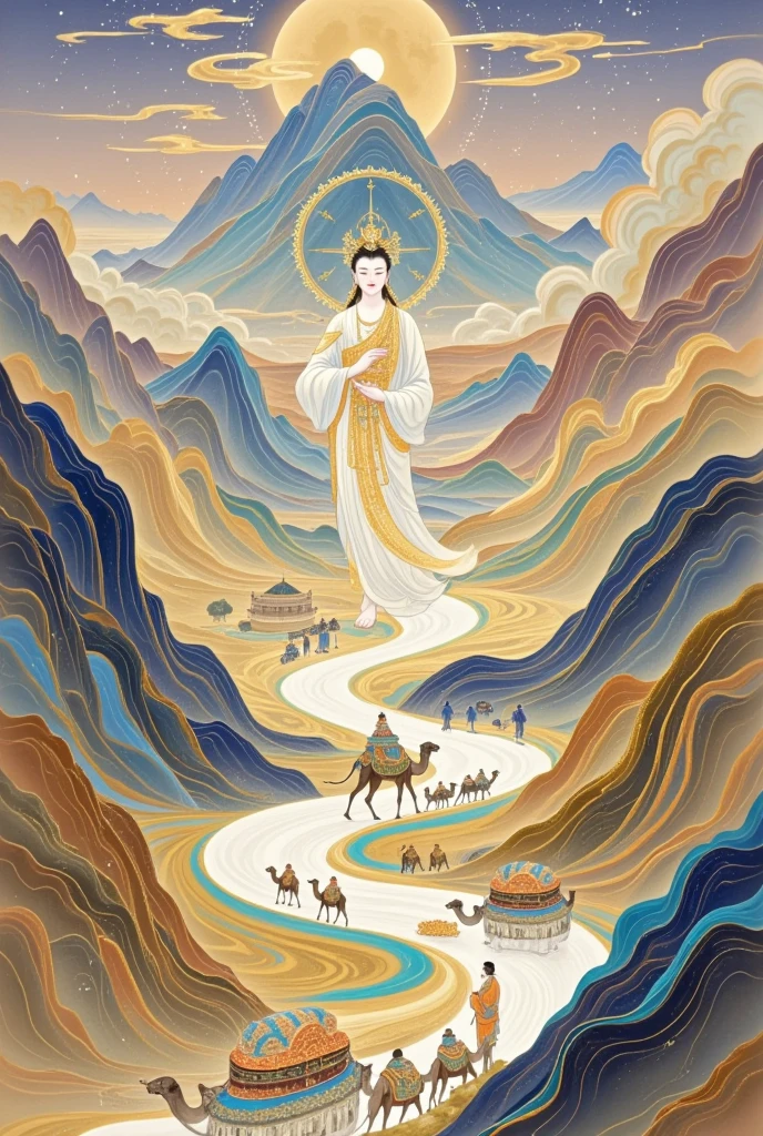   a beautiful art illustration , Dream Painting, ,  intricate fantasy painting , Wonderful fantasy landscape art , Chinese style illustrations，Silk Road，camel，antiquity，Crescent Moon，Buddha，Portrait of Guanyin