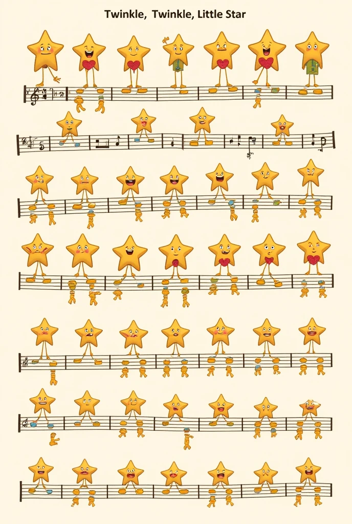 A cute illustration of countless stars with faces, hands, and feet replacing musical notes on a musical score with the words "Twinkle, Twinkle, Little Star" written on it.