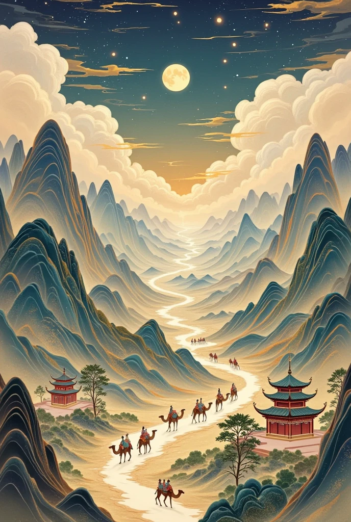   a beautiful art illustration , Dream Painting, ,  intricate fantasy painting , Wonderful fantasy landscape art , Chinese style illustrations，Silk Road，camel，Dunhuang，antiquity，Crescent Moon，Buddha，Portrait of Guanyin