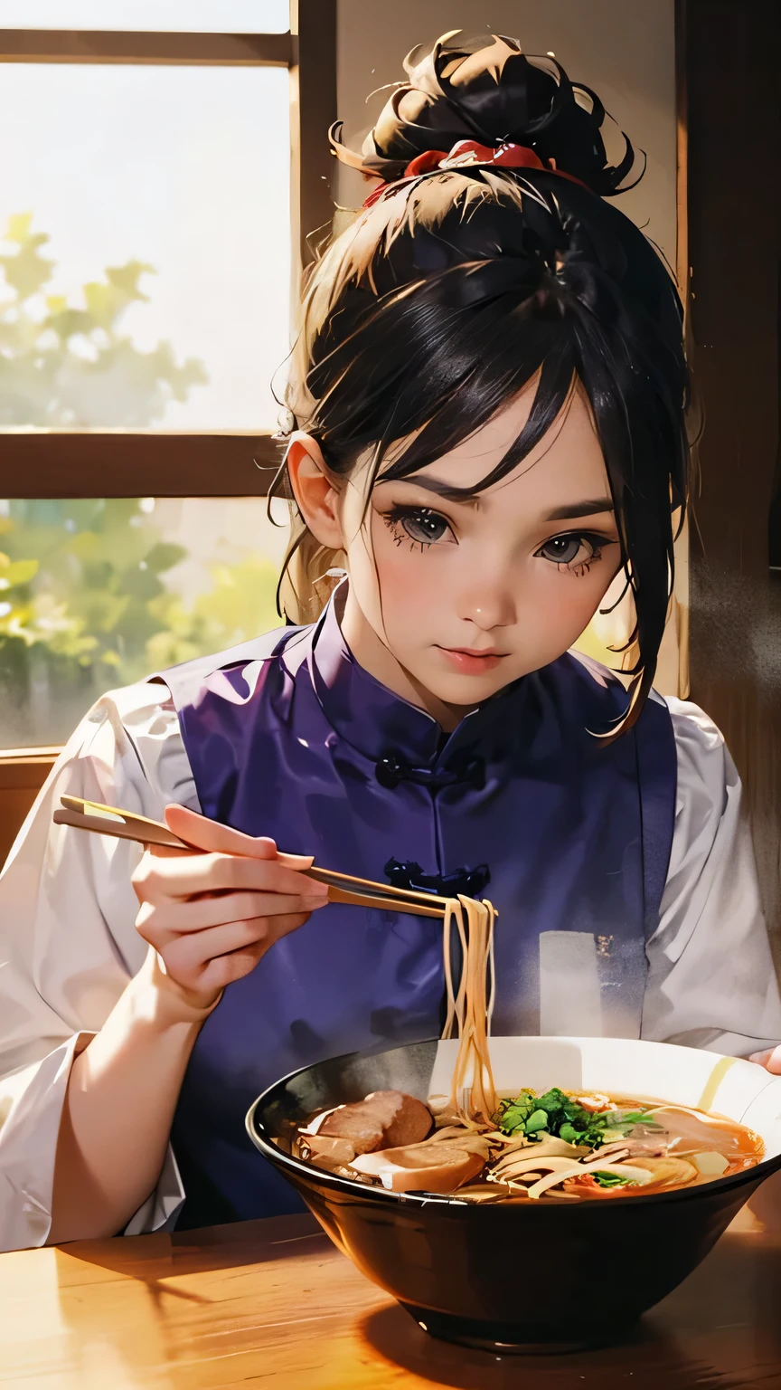 Steam rising from the ramen bowl , Beautiful Japanese woman eating ramen, High definition facial features, Complex Hairstyle , Detailed clothing, A mole under her left eye , natural light, Photographically, 8k, masterpiece, Small freckles, Curly ends of noodles, enjoying her meal, Using chopsticks to slurp up noodles from the bowl{x}A beautiful Japanese woman eating ramen{x}She has a happy and lively expression and quickly sucks them up {x} Cute Chinese dress, Cute hair accessory , Roll up the tip of the noodles , Steam rising from the ramen bowl