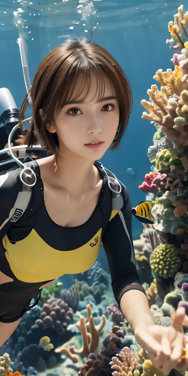 Woman in a diving suit in front of a coral reef - SeaArt AI