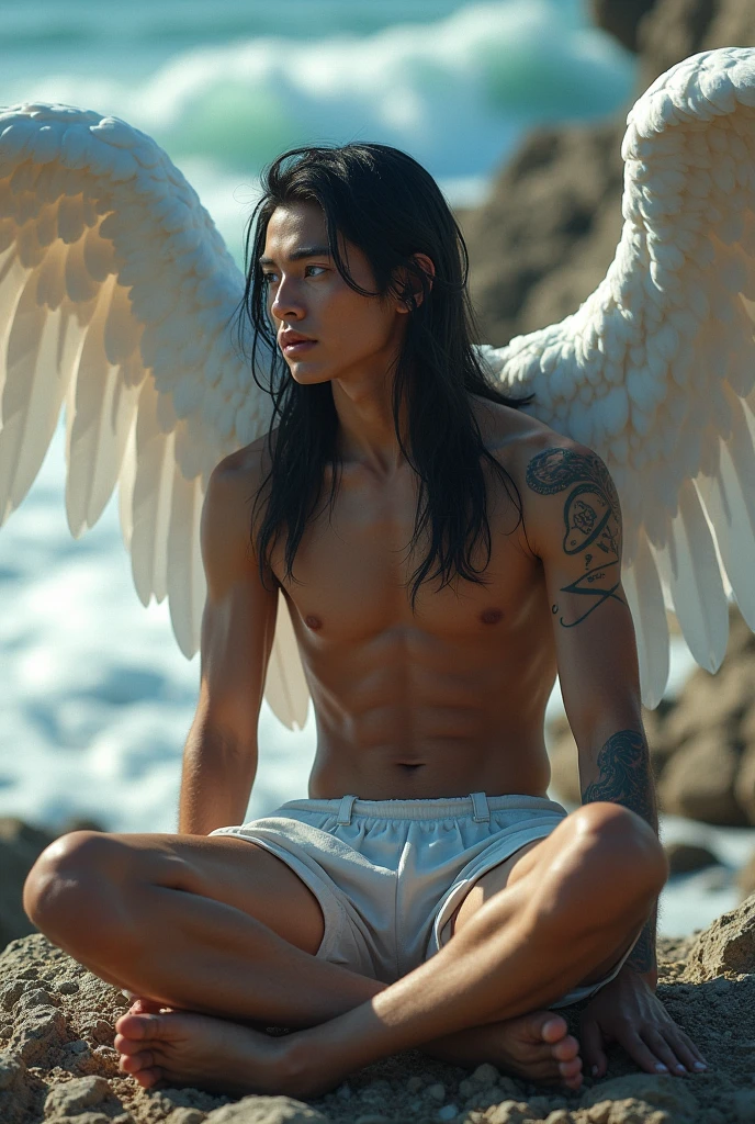 Nude asexual angel with wings sitting on a cloud in the sky, (male body:1.8) and (female face:1.7)
