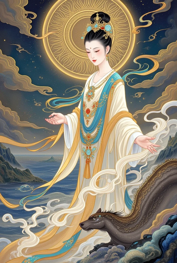 A painting of a woman，Wearing a crown on his head，The background is the river, win, by Sheng Maoye, An ultra-detailed painting , win of the southern seas, botticelli 和 victo ngai, Beautiful and complex paintings, Beautiful paintings,  Ancient Chinese goddess  , author：Qiu Ying, author：Qiandu