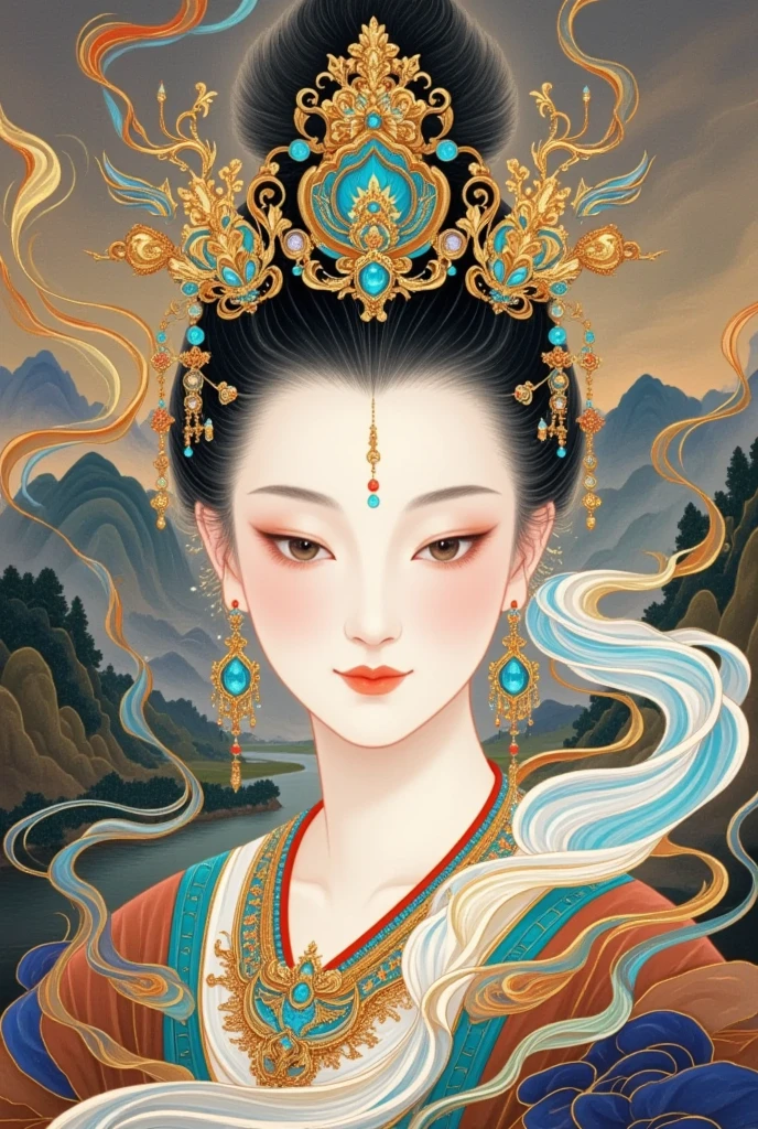  A painting of a woman ， The painting is an ultra-detailed painting by Sheng Maoye with a crown on her head ， with a river in the background , 盛茂业的一幅超细致的画作 , Popular in the CG community , Cloisonnism, win, win of the southern seas, botticelli 和 victo ngai, Beautiful and complex paintings, Beautiful paintings,  Ancient Chinese goddess  