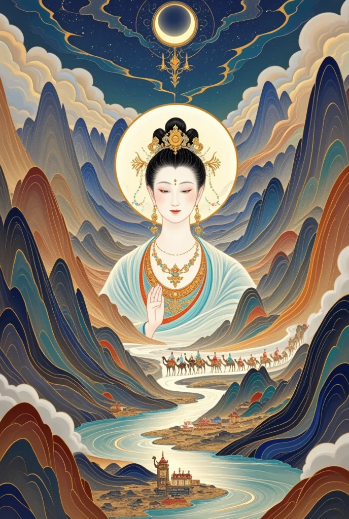   a beautiful art illustration , Dream Painting, ,  intricate fantasy painting , Wonderful fantasy landscape art , Chinese style illustrations，Silk Road，camel，Dunhuang，antiquity，Crescent Moon，Buddha，Portrait of Guanyin，Double Exposure