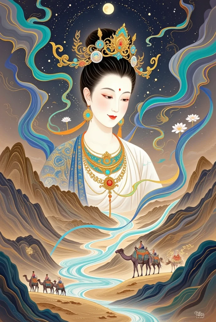   a beautiful art illustration , Dream Painting, ,  intricate fantasy painting , Wonderful fantasy landscape art , Chinese style illustrations，Silk Road，camel，Dunhuang，antiquity，Crescent Moon，Buddha，The Flying Fairy，Portrait of Guanyin，Double Exposure