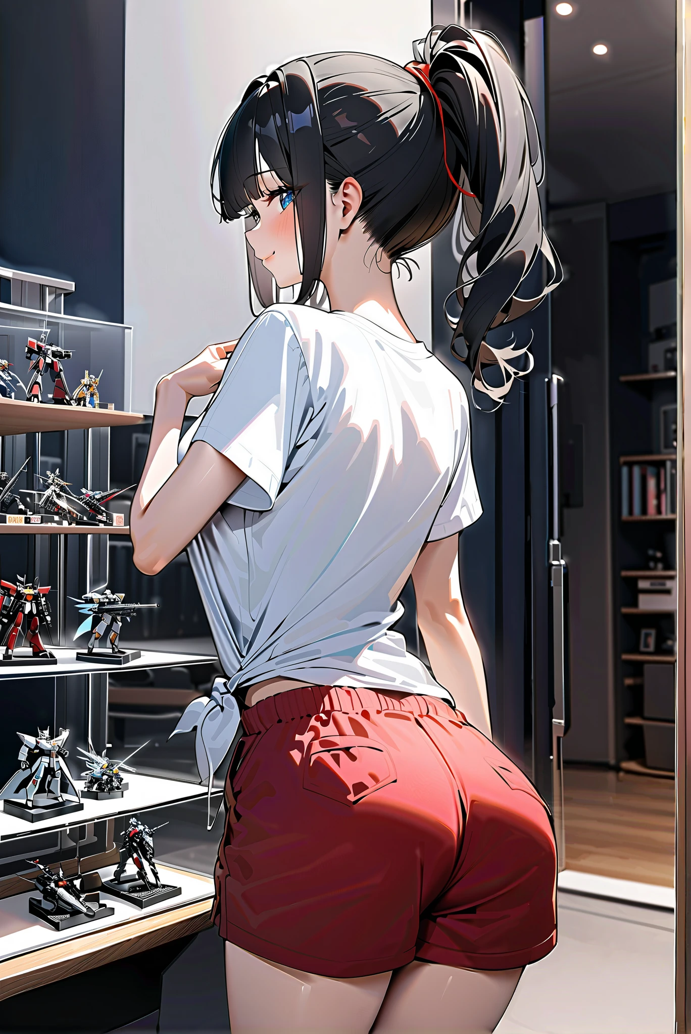 best quality, masterpiece, ultra-detailed, ((최고 품질, 걸작:1.3)), 옆쪽에서 본 모습, (날카로운 초점:1.2), (완벽한 몸매의 아름다운 24세 여성:1.4), (Beautiful blue eyes) (A person with a ponytail hairstyle that is tied high at the back of the head, with straight bangs framing the face.), (black hair), (smile), (A white stretched-out short-sleeve T-shirt.), (Baggy red cotton shorts.), (A master bedroom featuring a glass display case filled with Gundam model kits.), (그녀는 나를 바라보며 서있다.)