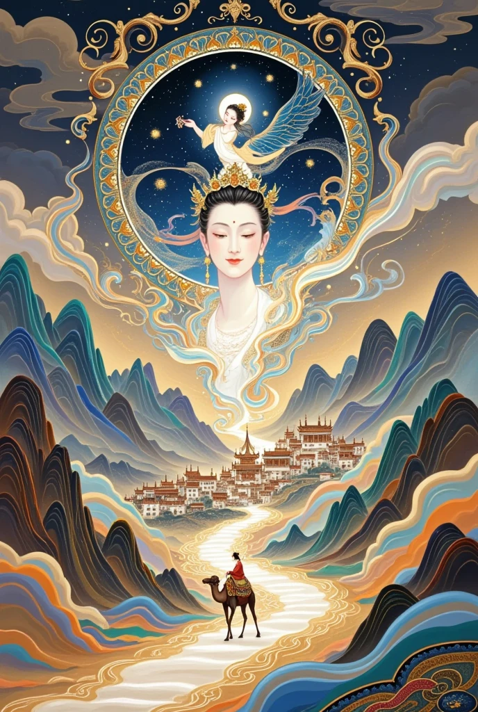   a beautiful art illustration , Dream Painting, ,  intricate fantasy painting , Wonderful fantasy landscape art , Chinese style illustrations，Silk Road，camel，Dunhuang，Cloisonne， Cloisonne enamel ，antiquity，Crescent Moon，Buddha，The Flying Fairy，Portrait of Guanyin，Double Exposure，guard