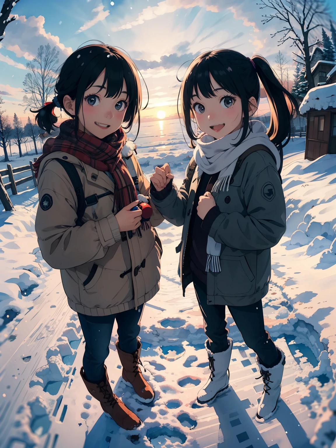 masterpiece，   best quality， High image quality ，(   super flat   ,     Flat Shading   )，  Fisheye Lens   ，Beautiful petite, trained young mother and her very cute little training daughter:1.25， warm scarf，(naked)，Long Hair， boots，smile, smile，White Breath:1.2，fun, play, winter, snow, 新snow，At dusk，Beautiful sunset，Wide angle,    bright color , watercolor, Ghibli style，Strong winds，   girl&#39;Lure，