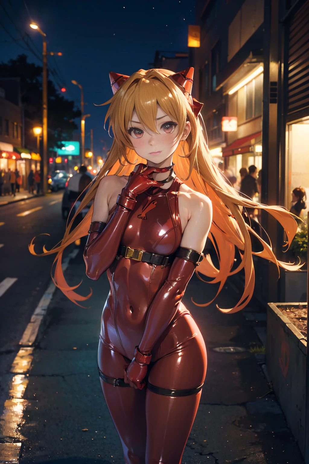 Souryuu Asuka Langley, Interface headset, Corps rouge, depressed, triste, sitting on top of a building, post apocalypse, Tokyo destroyed, Tokyo, (Nuit:1.3) Ruined building, Ruinedarchi --auto --s2