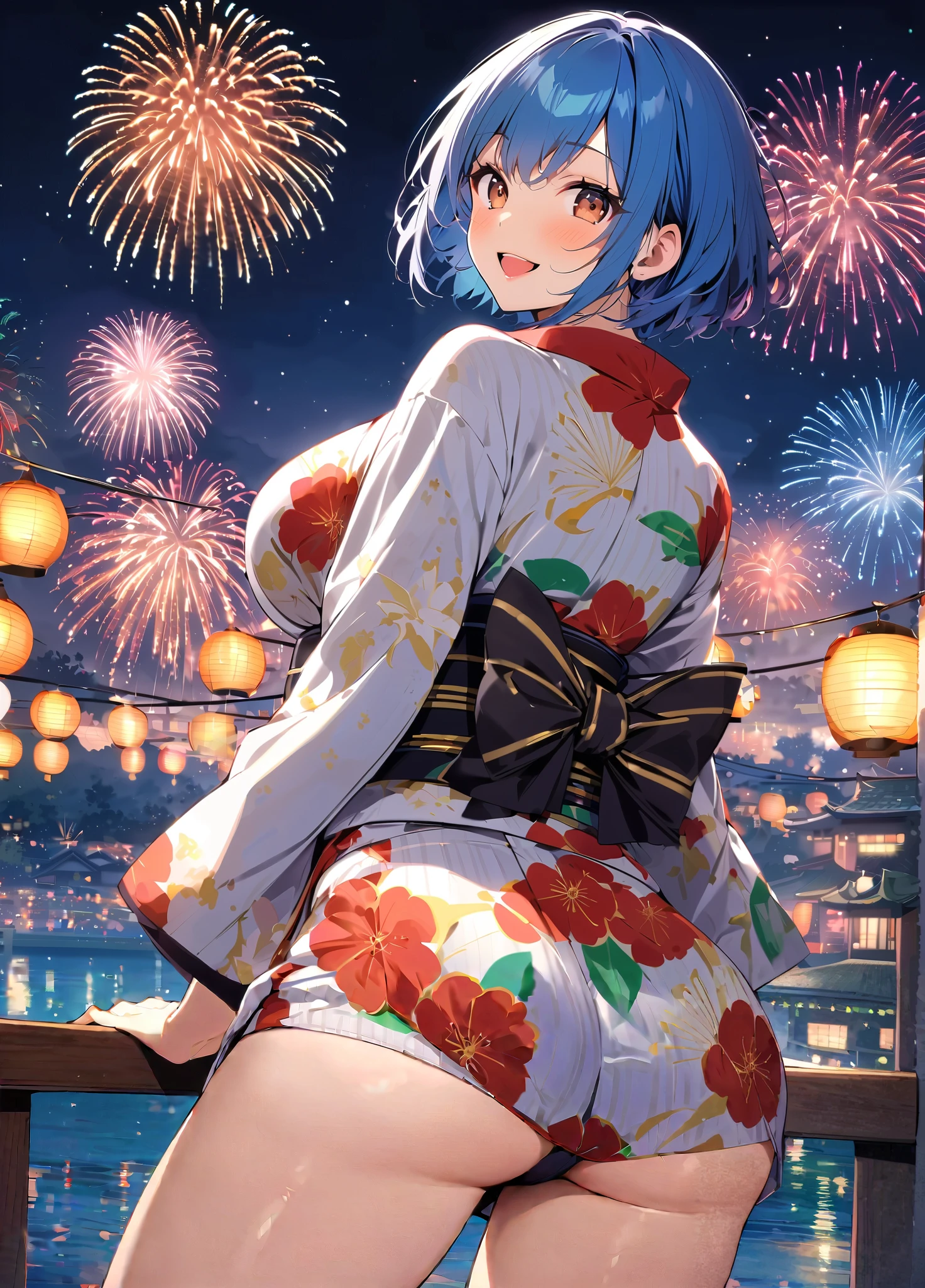 masterpiece, Highest quality, Rem,Blue Hair, One girl,Beautiful Eyes,yukata,Spread your legs,sexy,Fireworks display