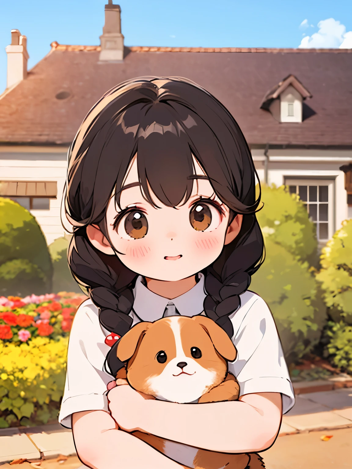 (  best quality ,4K,8k,   kampala,masterpiece:1.2),   Very detailed , (Deformed, Realistic, Realistic:1.3)，One ，cute ，Very short，Laugh happily,   Brown Eyes   , Fluffy, Black hair braids，  white dress，，That dog is bigger than the girl   ......，This dog is an Akita....，犬はFluffy，  dog is hugging a girl ， Autumn rural house and garden background，