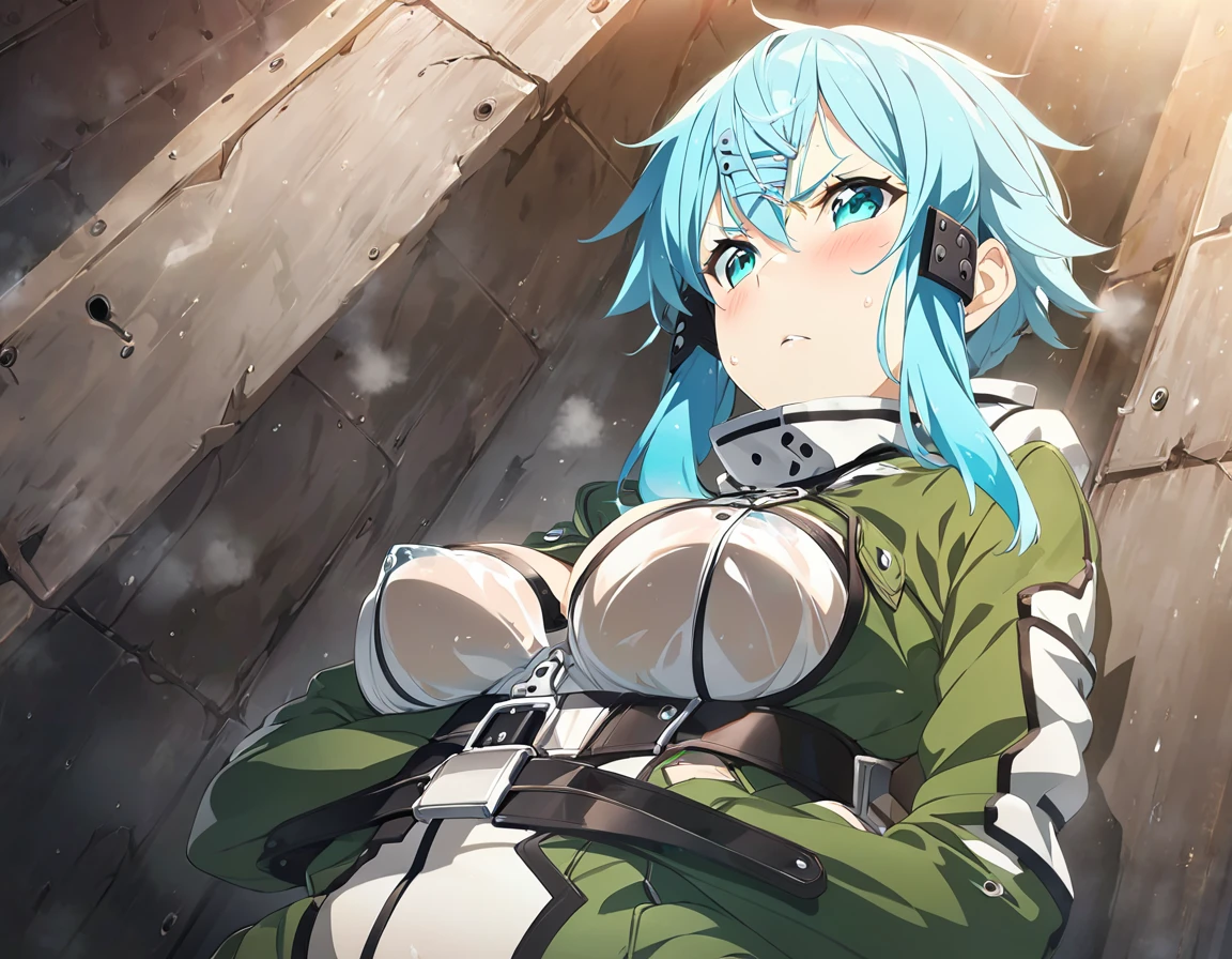  one girl  ,   Movie-like  , Game CG,   Animated Screenshot,   Official Art, masterpiece,   best quality,  Constraints着を着た少女 , Latexstraitjacket, Disheveled Hair, Restraint Belts Everywhere  ,Arms tied, Latex straitjacket , sinonggo, aqua eyes, short hair, aqua hair, sidelocks, hair between eyes, hairclip, hair ornament, green jacket, leotard, scarf, gloves, long sleeves, medium breasts, Constraints,  crosses her arms under her chest, prison, blue hair, Angry face,  blush, Wet clothes,  sheer clothes,   face up ,  face up ,  white bra with room lighting, White clothes,  transparent bra with a belt wrapped around the face,  upper body,  from below, to close range, Kiss, See-through boobs, Wrap the belt around your face, Glare, Look down