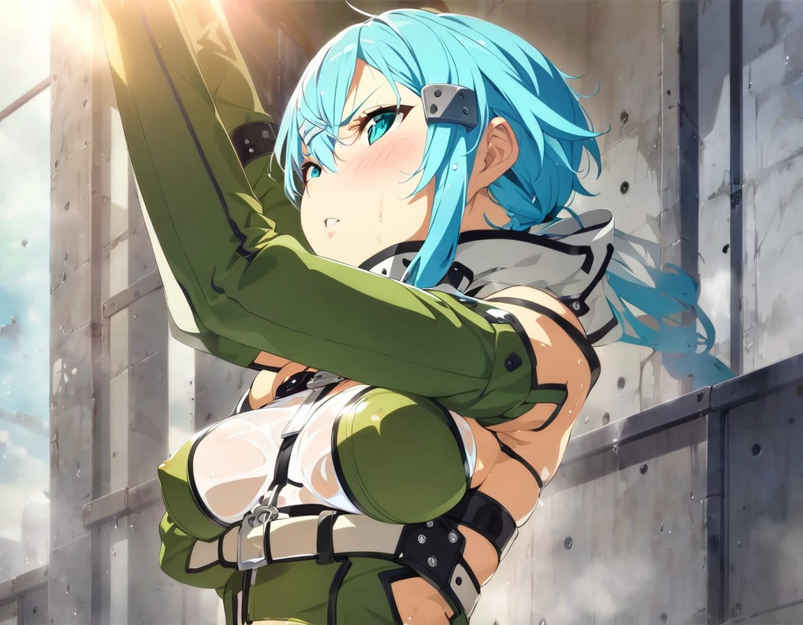  one girl  ,   Movie-like  , Game CG,   Animated Screenshot,   Official Art, masterpiece,   best quality,  Constraints着を着た少女 , Latexstraitjacket, Disheveled Hair, Restraint Belts Everywhere  ,Arms tied, Latex straitjacket , sinonggo, aqua eyes, short hair, aqua hair, sidelocks, hair between eyes, hairclip, hair ornament, green jacket, leotard, scarf, gloves, long sleeves, medium breasts, Constraints,  crosses her arms under her chest, prison, blue hair, Angry face,  blush, Wet clothes,  sheer clothes,   face up ,  face up ,  white bra with room lighting, White clothes,  transparent bra with a belt wrapped around the face,  upper body,  from below, to close range, Kiss, See-through boobs, Wrap the belt around your face, Glare, Look down