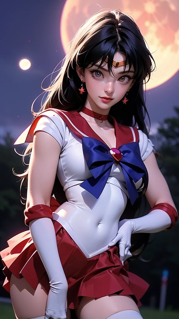 A beautiful female, solo, ((perfect sailor mars cosplay girl, teenager )), (beautiful, high resolution illustration, ultra detailed), image of head to knees,closeup, front view, standing with little open stance, (absolutely detailed beautiful face, sexy face, natural makeup, ultra detailed beautiful skin), perfect figure, detailed depiction, (put your hand on your hip,(point at viewer), perfect depiction of fingers, perfect anatomy), ((extremely detailed)), masterpiece , best quality, incredibly absurdres, perfect illustration, 4k, 8k, perfect anatomy, ultra detailed anime style, realistic, photorealistic, ((extremely description, late night, a moon in the sky, beautiful moon, night, in the park, in background )),  ReiHino, (sailor mars, neck ribbon, long hair, circlet, jewelry, crescent earrings),BREAK (red skirt, dress, thighhighs)