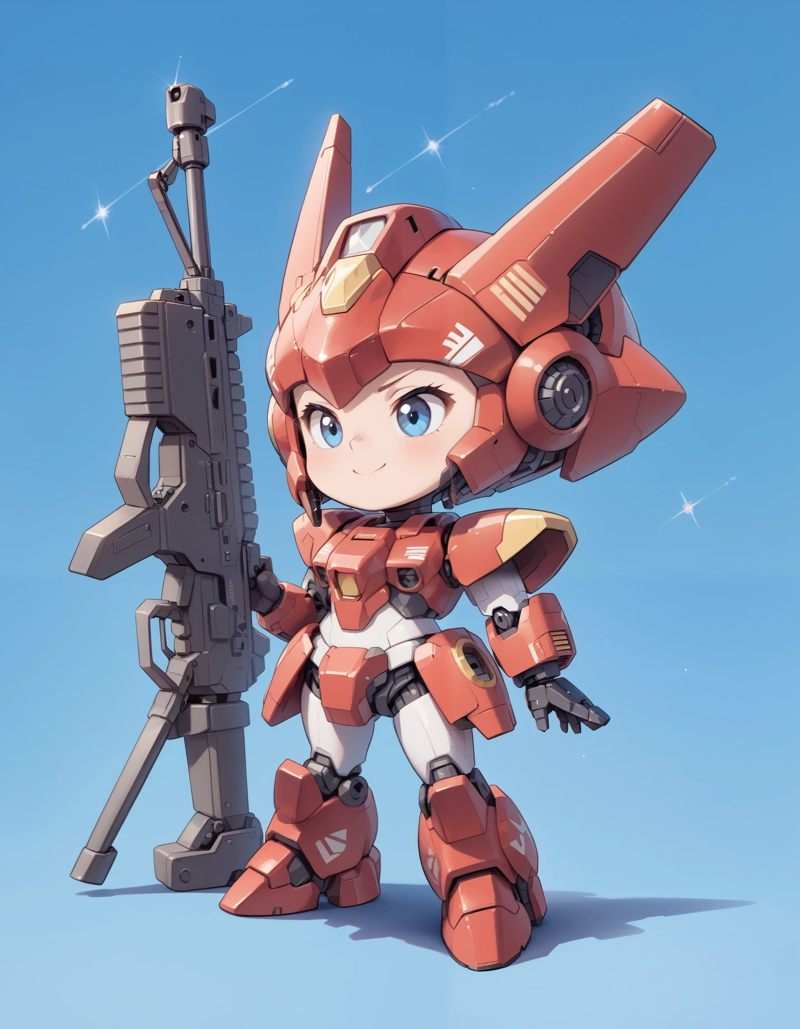 ((masterpiece)), accurate, textured skin, ((super detail)), high quality, high details, highres, best quality, chibi, Gundam, robots, deformed characters, space, star wars, Metallic red armor, Beam rifle, Heavy Armor, girl, shooting stars, mecha_musume