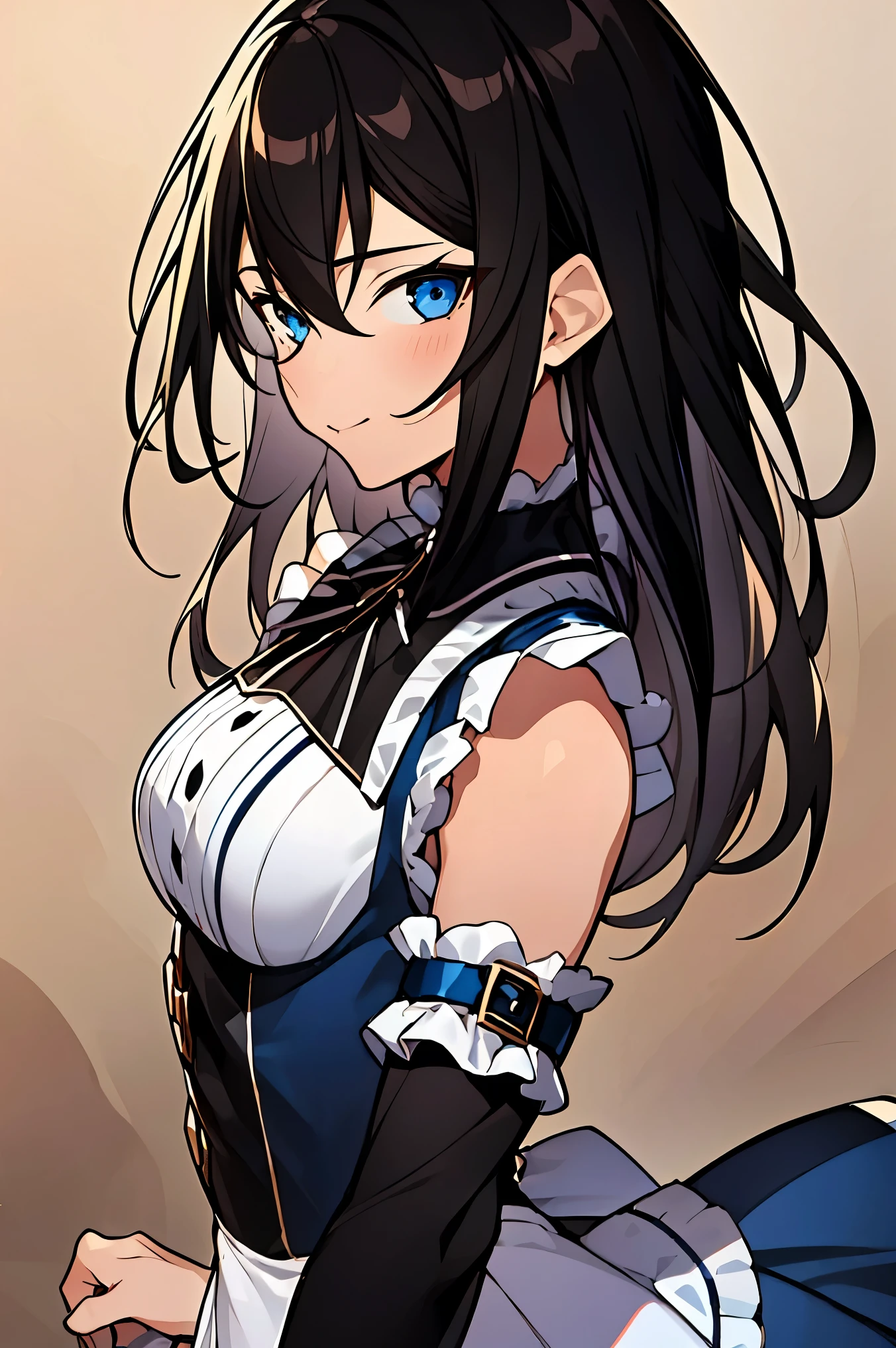 (high-quality, breathtaking),(expressive eyes, perfect face) portrait, 1girl, female, solo, adult, age 20, black hair, blue eye color, long hair length, looking at viewer, half body, calm expression, fantasy clothing, height 4"3, fantasy adventurer attire, rouge attire, thief profession, short height, black cloak, black jacket, black short sleeved shirt, long sleeved gauntlets, black shorts, silver trim, fantasy armor, shoulder pads, cute pigtails, pigtails hairstyle, leather armor, light tanned skin, C cup breast size, curly hair, slightly narrow eyes, mature face
