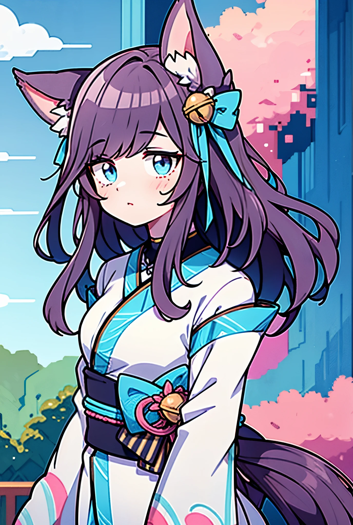  retro game style,Like retro games , pixel , pixel  art, fox ears,１０Late 20s,woman, white kimono, blue eyes