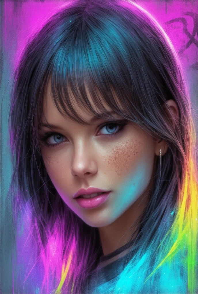 A grittily enchanting  beautiful girl , her delicate features a stark contrast to the urban decay surrounding her: dirt-smudged cheeks adorned with ethereal freckles, tangled neon hair cascading over graffiti-covered walls. The digital painting showcases a mix of cyberpunk and fantasy elements, blending the organic with the mechanical in a mesmerizing way. Each pixel is expertly crafted, capturing the essence of a mystical being amidst a dystopian setting. 2d
