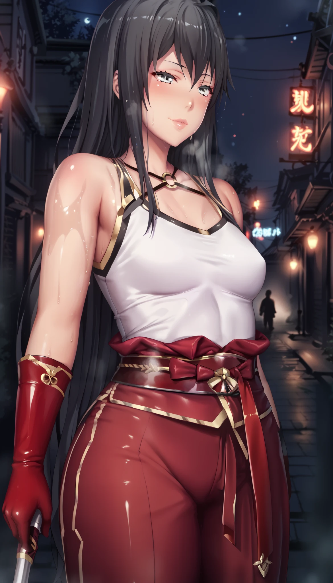 score_9, score_8_up, score_7_up, score_6_up, score_5_up, score_4_up, uncensored, yukinoshita yukino, absurdly long hair, grey eyes, black hair, very long hair, horny face, blush face, lips, naughty face, shiny skin, sweating, steaming body, curvy, voluptuous, heavy breathing, (small breasts:1.3), detailed body, detailed eyes, white tank top, red (samurai armor), red gloves, pants, (getting undressed), night city, neon lights, dim lighting, dark alley,