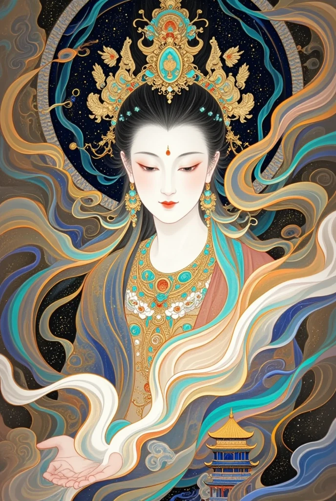   a beautiful art illustration , Dream Painting, ,  intricate fantasy painting , Wonderful fantasy landscape art , Chinese style illustrations，Silk Road，camel，Dunhuang，Chinese ancient buildings，Cloisonne， Cloisonne enamel ，antiquity，Crescent Moon，Buddha，The Flying Fairy，Portrait of Guanyin，Double Exposure，guard