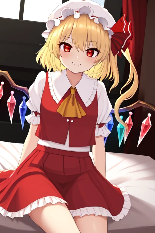 1 girl, flandre scarlet touhou, flandre scarlet, blonde hair, wings, red eyes, crystal, bangs, one side up, hair between eyes, short hair, long hair,
BREAK puffy short sleeves, puffy sleeves, red skirt, shirt, short sleeves, skirt, skirt set, white background, white shirt, frills, wrist cuffs, frilled shirt collar, hat, ribbon, mob cap, bow, vest, white headwear, red vest, ascot, red bow, red ribbon, hat ribbon, yellow ascot,
BREAK sitting bed,
BREAK (smirk:1.2), seductive smile,
BREAK (from front:1.1), cowboy shot,
BREAK (indoor:1.2), (bedroom:1.1), (bed:1.2),
BREAK (best quality, masterpiece, detailed:1.1), 8k, anime colored, (beautiful detailed eyes:1.1), (extremely detailed face:1.1), perfect lighting,(perfect hands:1.2), (perfect anatomy:1.2),