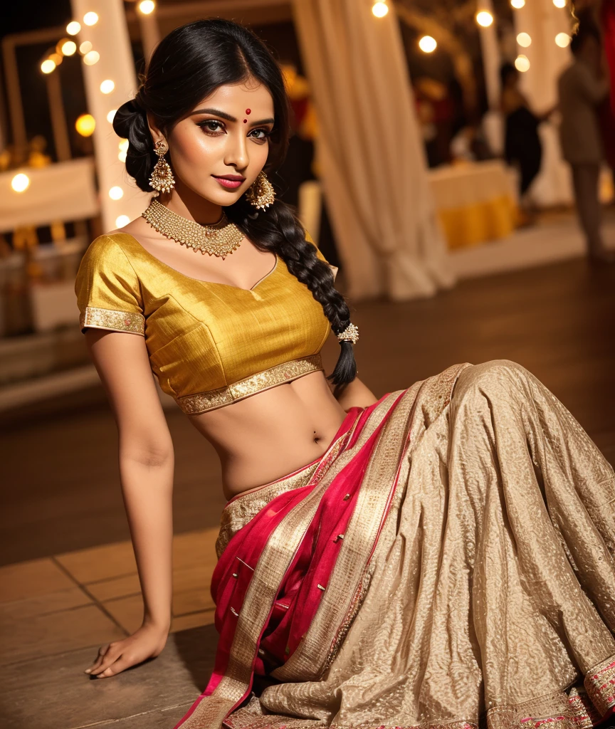 An Indian girl wearing a traditional, lavish sari with intricate designs and gold or silver embroidery, reflecting a rich cultural heritage. She should be adorned with traditional Indian jewelry, including a maang tikka, jhumkas (earrings), a nose ring, bangles, and a necklace. Her hair should be styled in a classic Indian way, either in a long braid adorned with flowers or left loose with a natural wave. She should have a curvy figure and a subtle, tantalizing smile, exuding confidence and sensuality. She can be posed in a relaxed, sensual way, with a slight tilt of the head or a gentle hand gesture, while maintaining a serene and gentle expression. The background should be a traditional Indian setting, possibly with elements like a temple, a palatial background, or traditional Indian decor.
