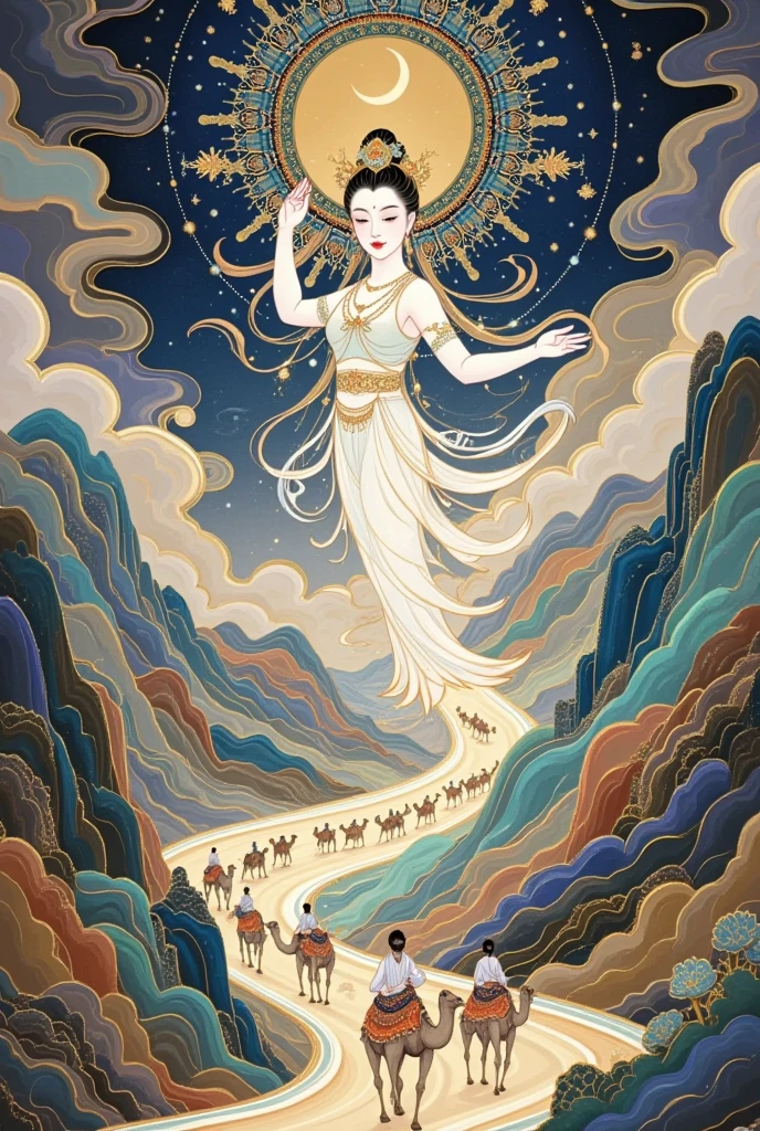 a beautiful art illustration, dreamlike landscape, intricate fantasy scene, magical and surreal landscape art, chinese style illustration, silk road, camels, dunhuang, ancient chinese architecture, cloisonne, chinese traditional culture, crescent moon, buddha, flying celestial maidens, guanyin portrait, double exposure, guardian spirit