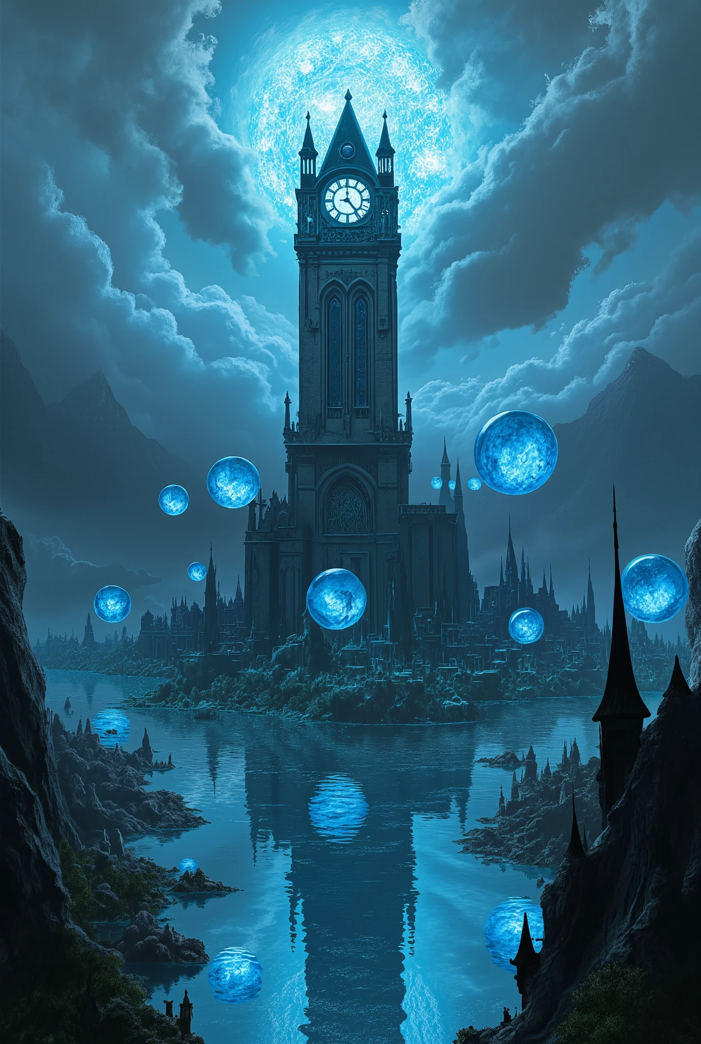 (Ultra-detailed, Fantasy Illustration with Gothic, Dark tone colors.), BREAK 
(A viewpoint looking down on the ground from above the clouds in the sky. (((A huge city reflected in the vast mirror-like surface of the water))). A citadel burning with blue flames rises up around an ancient Gothic-style clock tower reaching from the ground to the clouds, built of stone blocks and combined gears and polka-dot patterned translucent fabric. Around the clock tower, a number of huge mirrored water balls float, connect, and rotate. The clock tower is reflected on the surface of the water balls, which appear to sway in concentric ripples.)