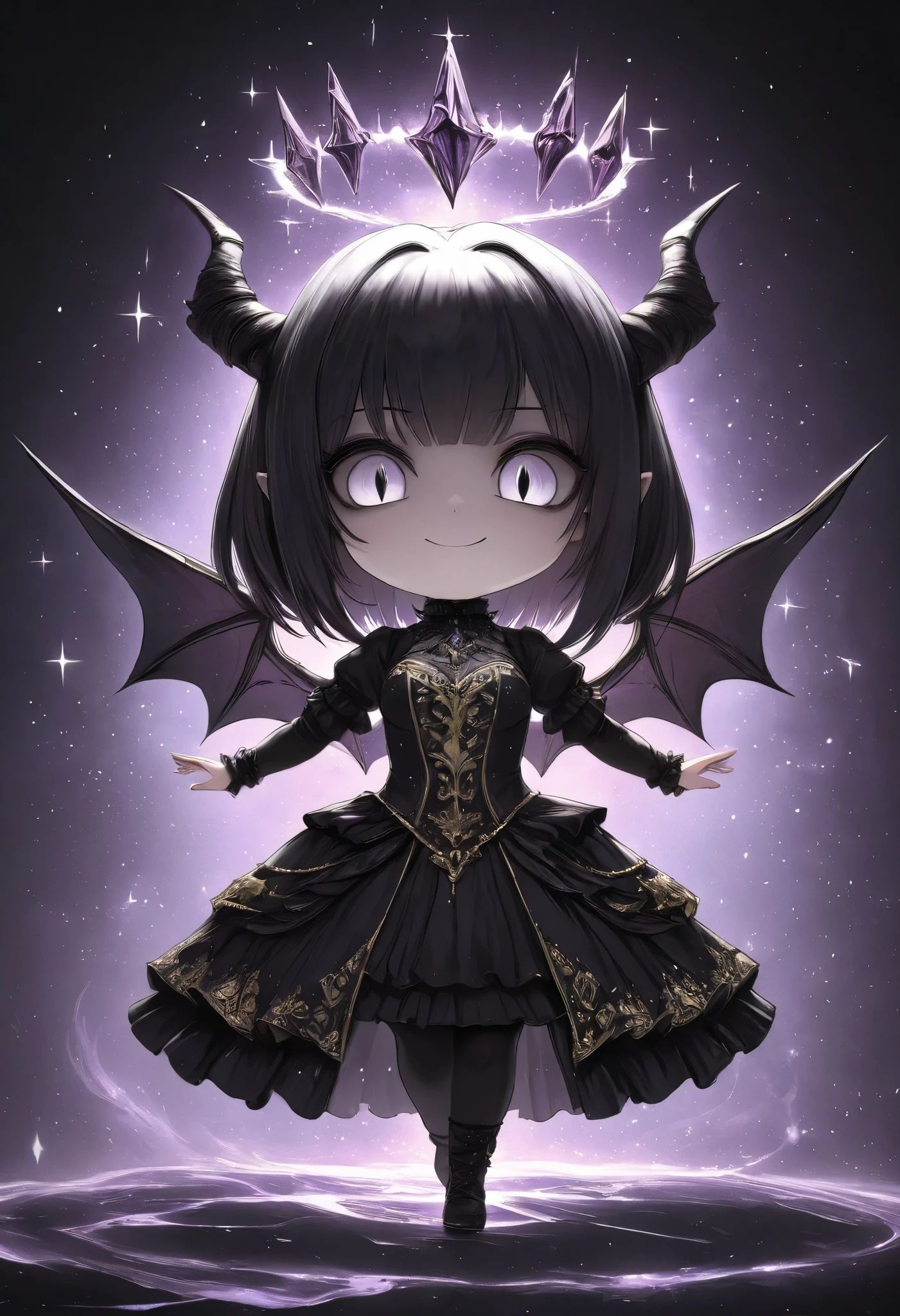 chibi, perfecteyes,masterpiece, best quality, ultra-detailed, 1girl, dark gothic,drkgirl, demon attire, dark grow eyes, soft smile, light-filled background resembling death palace, crystal effect, flowing white and gold outfit, wings adorned with subtle sparkles, floating gracefully, dynamic pose, magical aura, pastel and soft lighting, whimsical and ethereal atmosphere, delicate and graceful composition