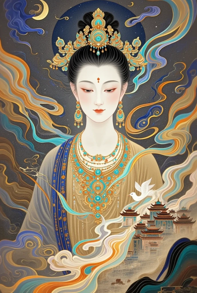 Thangka, Chinese style illustrations，Silk Road，camel，Dunhuang，Chinese ancient buildings，Cloisonne， Cloisonne enamel ，antiquity，Crescent Moon，Buddha，The Flying Fairy，Portrait of Guanyin，Double Exposure，guard