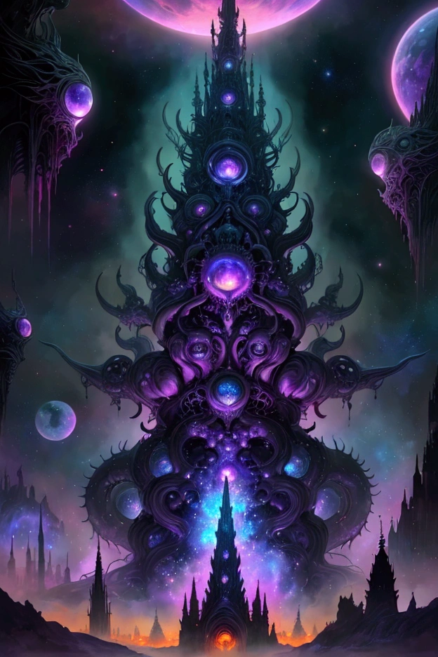  A cosmic dark, horned entity, reminiscent of H.R. Giger's biomechanical creatures, with intricate, nightmarish details, emerges from the collision of two suns, one a deep indigo, the other a fiery orange, amidst a swirling vortex of purple and pink nebulae, in a fantastical, dreamlike setting, evoking the surrealism of Zdzisław Beksiński, as a vibrant cityscape, with towering spires and iridescent skyscrapers, shining like a miniature galaxy, takes shape within the entity's mouth, aglow with an otherworldly light, as if inspired by the futuristic, high-tech architecture of Syd Mead, blending darkness and light in a mesmerizing, intergalactic spectacle.