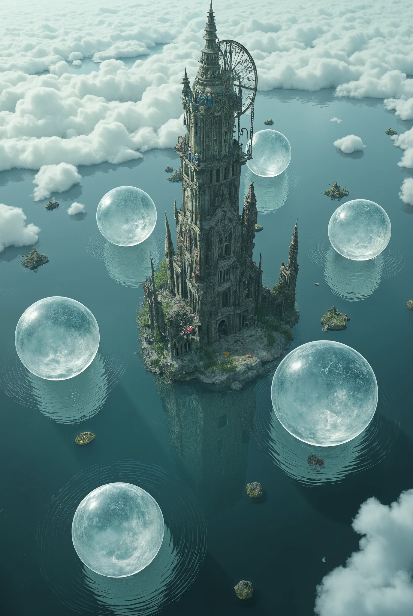 (Ultra-detailed, Fantasy Illustration with Gothic, Dark tone colors.), BREAK 
(A viewpoint looking down on the ground from above the clouds in the sky. An ancient Gothic clock tower rises from the ground to the clouds, built of translucent fabric with gears and polka-dot patterns combined with blocks of stone. Around the clock tower float, connect, and rotate several giant mirrored, moon-sized spheres of water. The clock tower is reflected on the surface of the water balls, which appear to sway in concentric ripples.)