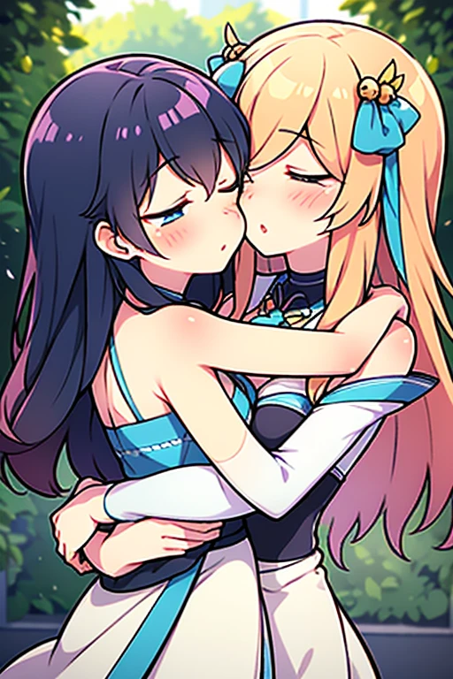 Two Maidens、 are hugging each other、Kiss、Kissが飛んできた、 close your eyes 、 eyes closed 、