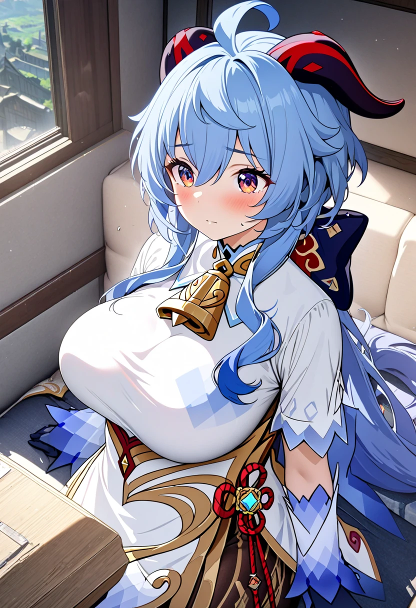 pov hand, 、open  mouth,Close  eyes,pov hands, 、（（（nipple　play）））、(((nipple slip))),1girl, solo, pov,drunk , blush,sleepy、,high quality、high resolution、big breasts、deep blue hair、(((one Braided long hair)))、blue eyes、((Underboob))、（Chinese style metal armor）、beautiful blue eyes r、((high leg armor)）、medieval bed room