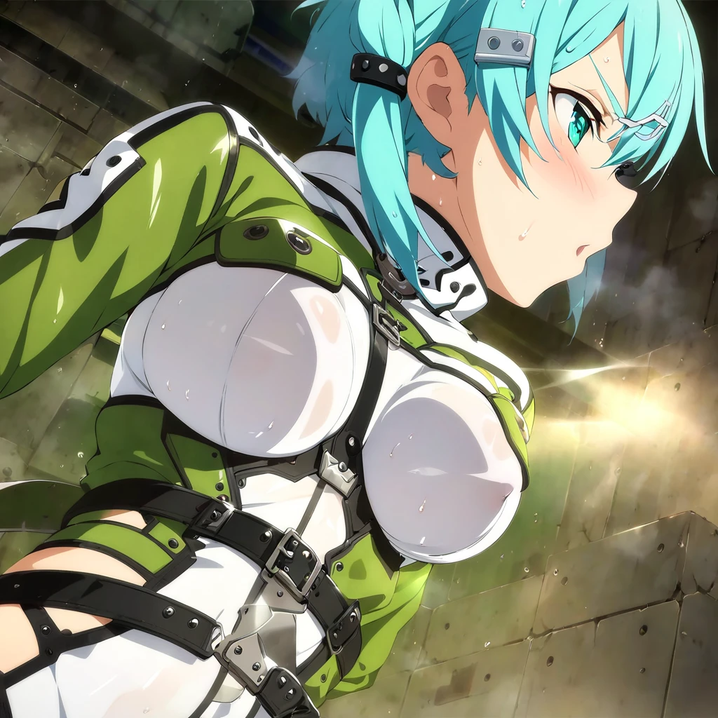  one girl  ,   Movie-like  , Game CG,   Animated Screenshot,   Official Art, masterpiece,   best quality, Latexstraitjacket,Arms tied, Latex straitjacket , sinonggo, aqua eyes, short hair, aqua hair, sidelocks, hair between eyes, hairclip, hair ornament, green jacket, leotard, scarf, gloves, long sleeves, medium breasts, Constraints, prison, blue hair, Angry face,  blush, Wet clothes,  sheer clothes,   face up ,  face up ,  white bra with room lighting, White clothes,  transparent bra with a belt wrapped around the face,  upper body,  from below, to close range, Kiss, See-through boobs, Glare, Look down