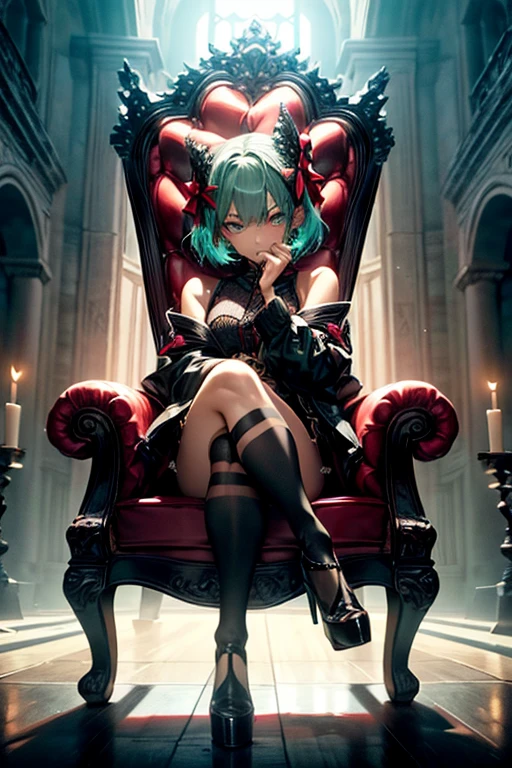 santa claus、Santa Claus Costume、aiming at viewer, Have a pistol, pistols, (​masterpiece)、(top-quality)、a throne、cross one's legs、Put your hand in your crotch、
makeup, red blush, 耳环, heart mark, high-heels, 1girl in, florals, the bow,looking in camera、Ahegao ( Silly / Sexual ecstasy)、Cross-eyed、Stranger、View other people、Blunt bangs、 over-kneehighs,Ahegao , Silly,Sexual ecstasy,Drunken eyes,Blunt bangs, Green hair,(masutepiece:1.2, Best Quality), (finely detailed beautiful eye: 1.2), (Detailed background,Dark Fantasy), (beautifull detailed face), High contrast, (Best Illumination, extremely delicate and beautiful), ((Cinematic Light)), Colorful, Hyper Detail, Dramatic light, Intricate details,