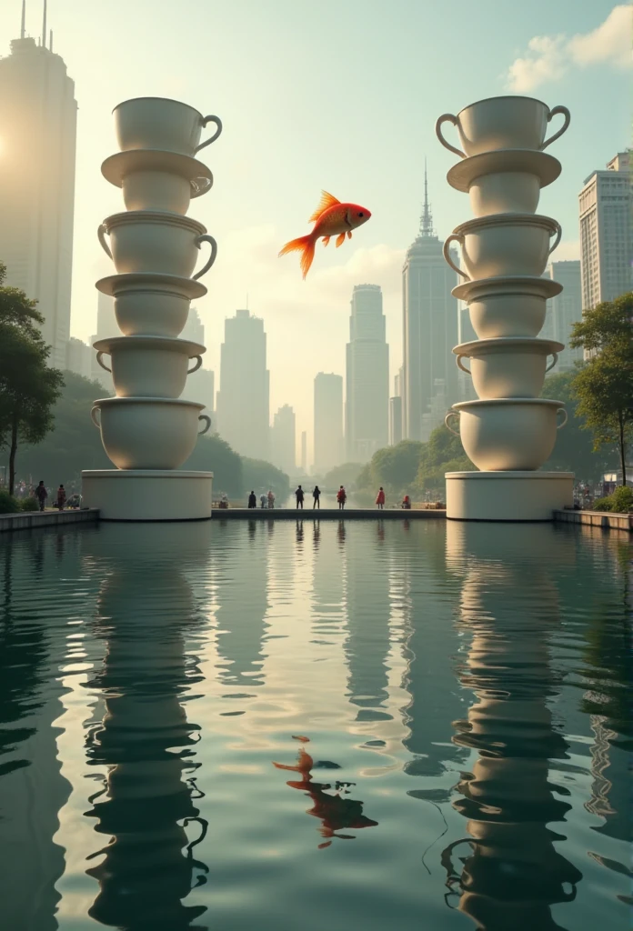 masterpiece, best quality, 8k, highres, ultra-detailed, HDR, UHD, photorealistic style, surreal cityscape, realistic buildings reflected perfectly on calm water, reflection shows a city with skyscrapers made of stacked teacups, floating chairs instead of boats, pedestrians walking upside-down in the reflection, giant goldfish swimming in the air above the city, soft sunlight creating warm tones, detailed water ripples slightly distorting the scene, misty atmosphere blending the real and reflected worlds, subtle but surreal humor, breathtaking and bizarre, hyperrealistic textures