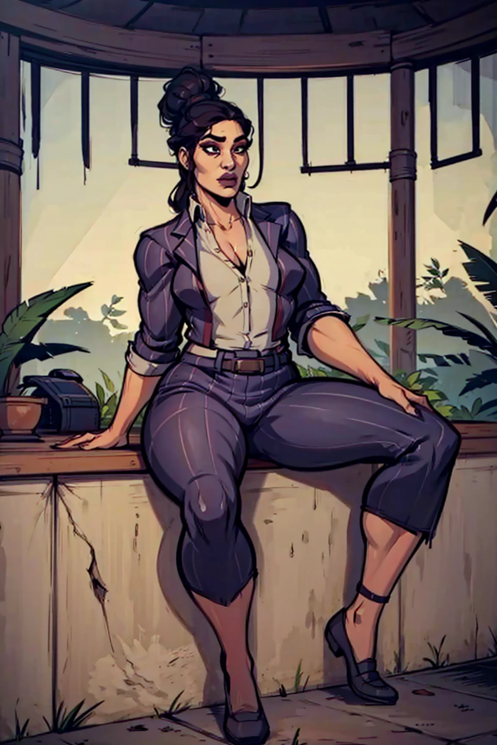 Digital art, highly detailed, angled view, sexy sitting pose, legs spread apart, hands held up in a fighting form, mature woman, adult female, full curvy figure, whole body, form-fitting, Jane Romero (Dead by Daylight) inspired costume, pinstriped blazer, blouse, belt, pinstriped baggy pants that ends above the ankle, belt, flat office shoes, 1woman, solo, upper body, lower body, ((Extremely Detailed)), ((Best Quality)), ((Masterpiece)), ((4k)).
